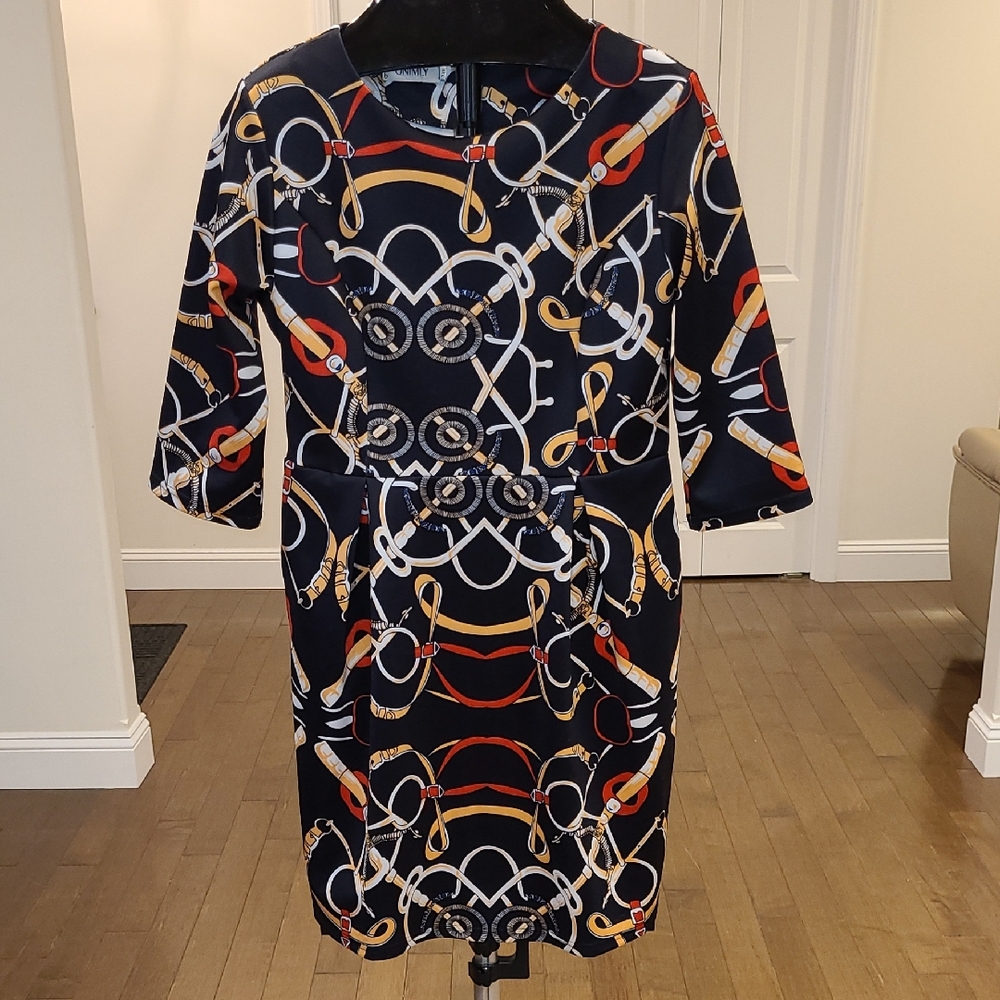 ONIMLY Black W Red Tan White Belt Bridle Print 3/4 Sleeve Midi Dress